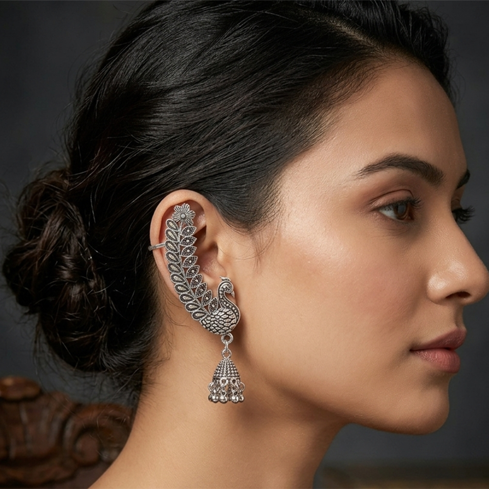 JewelMaze Oxidised Plated Peacock Ear Cuff For Women And Girls