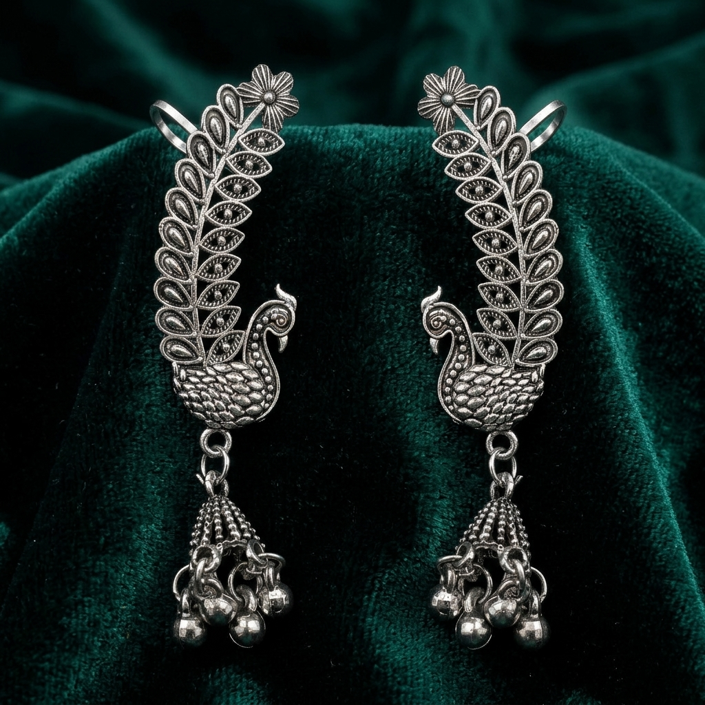 JewelMaze Oxidised Plated Peacock Ear Cuff For Women And Girls