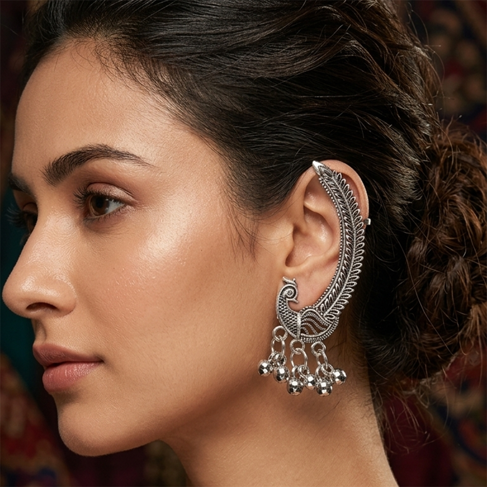 JewelMaze Oxidised Plated Peacock Ear Cuff For Women And Girls