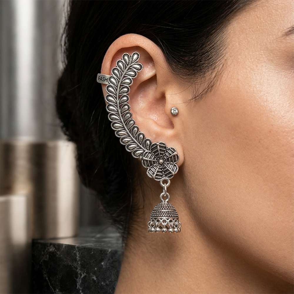 JewelMaze Oxidised Plated Floral Jhumki Ear Cuff For Women And Girls