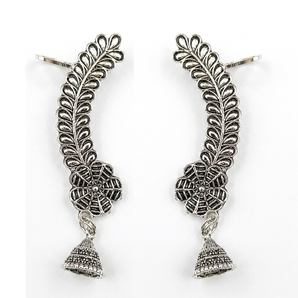 JewelMaze Oxidised Plated Floral Jhumki Ear Cuff For Women And Girls