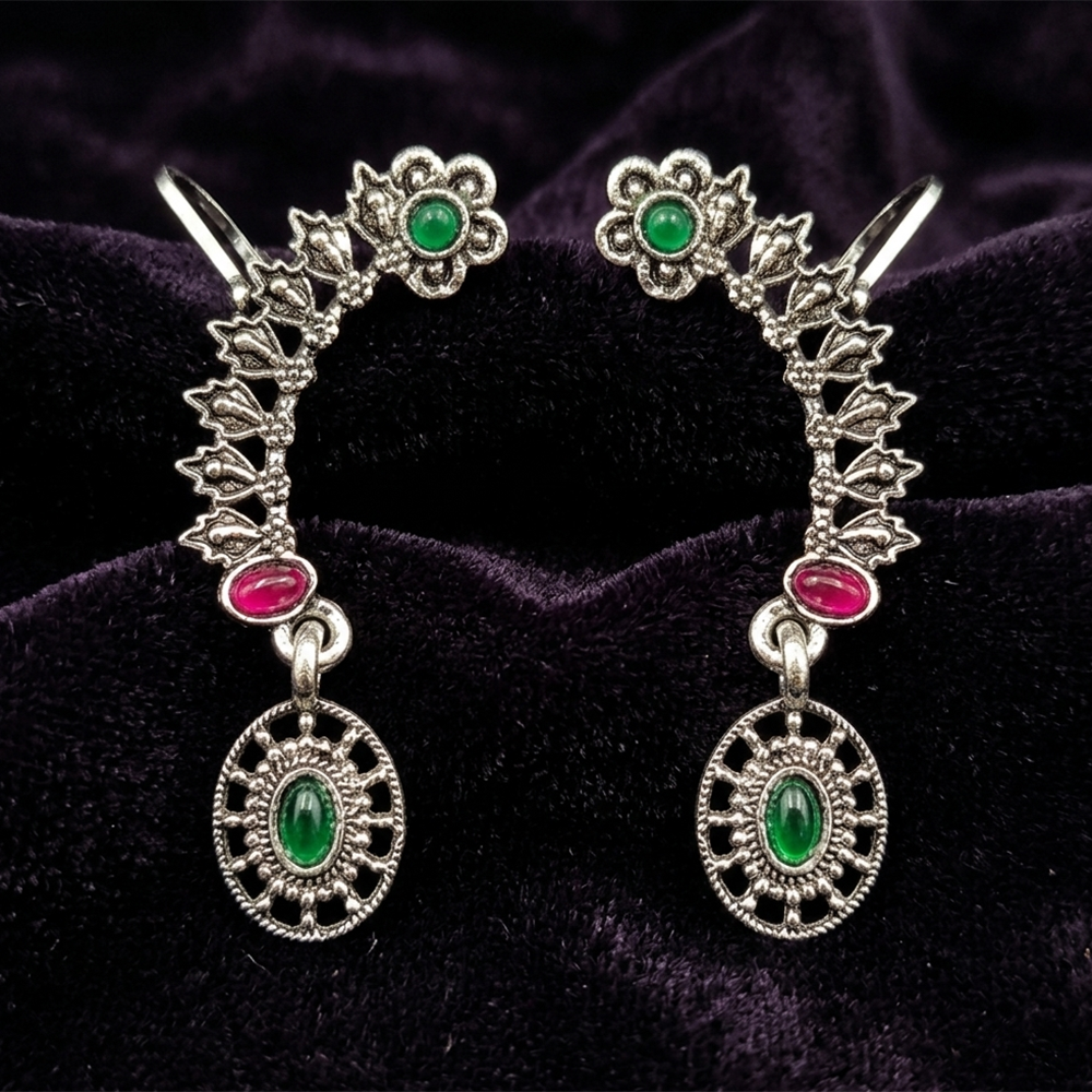 JewelMaze  Oxidised Plated Pink And Green Ear Cuff For Women And Girls
