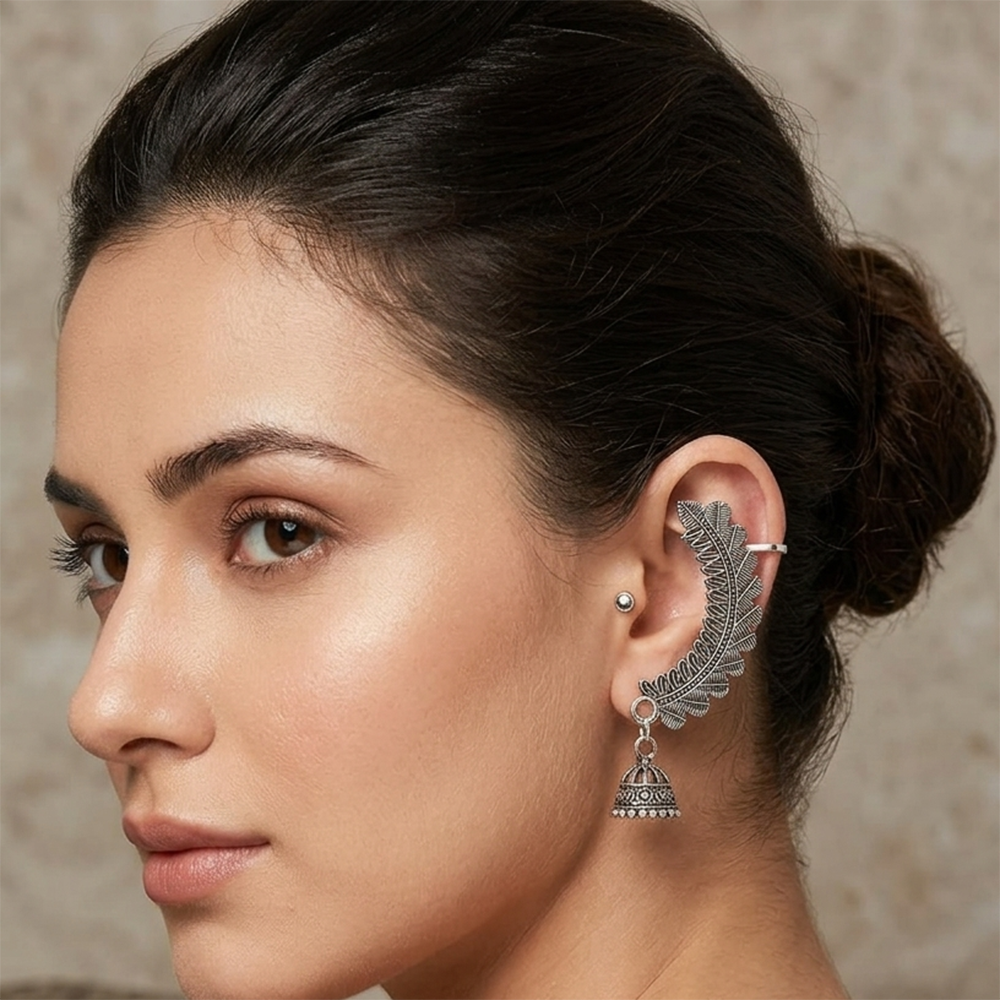 JewelMaze Oxidised Plated Leaf Design Ear Cuff For Women And Girls