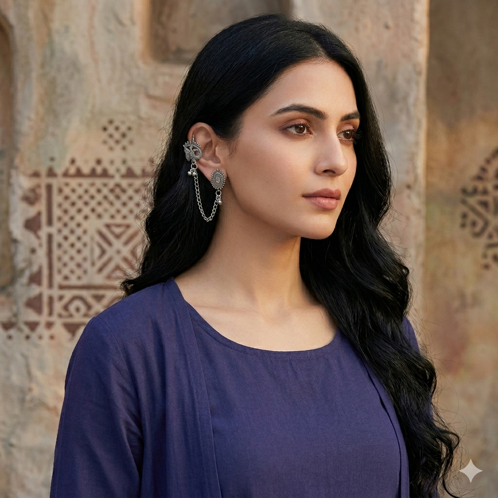 JewelMaze  Oxidised Peacock Indo Western Chain Ear Cuff Earrings