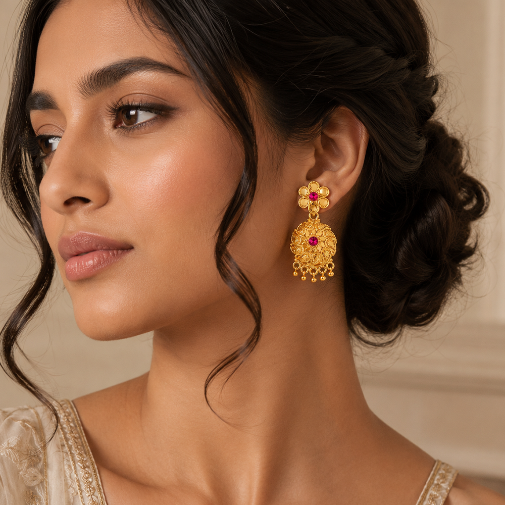 JewelMaze Gold Plated Traditional Small Dangler Earrings