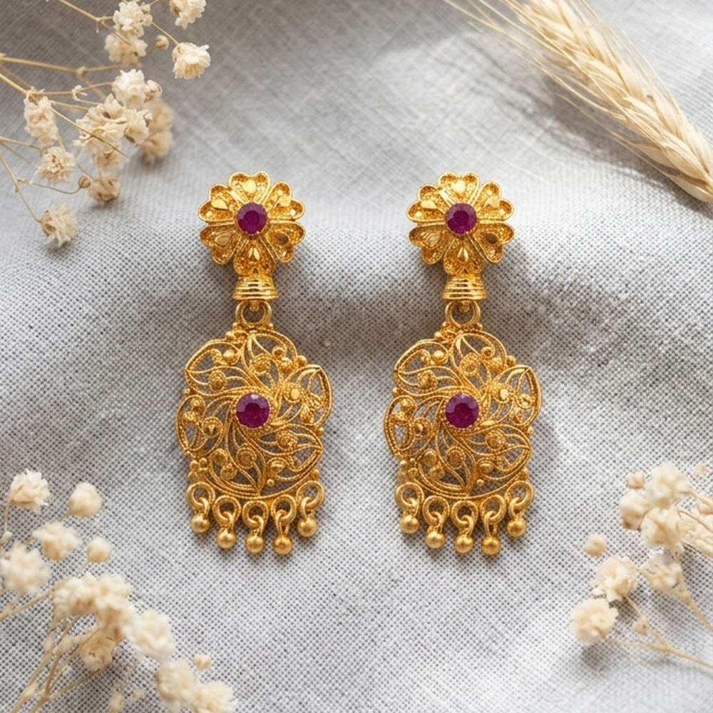JewelMaze Gold Plated Traditional Small Dangler Earrings
