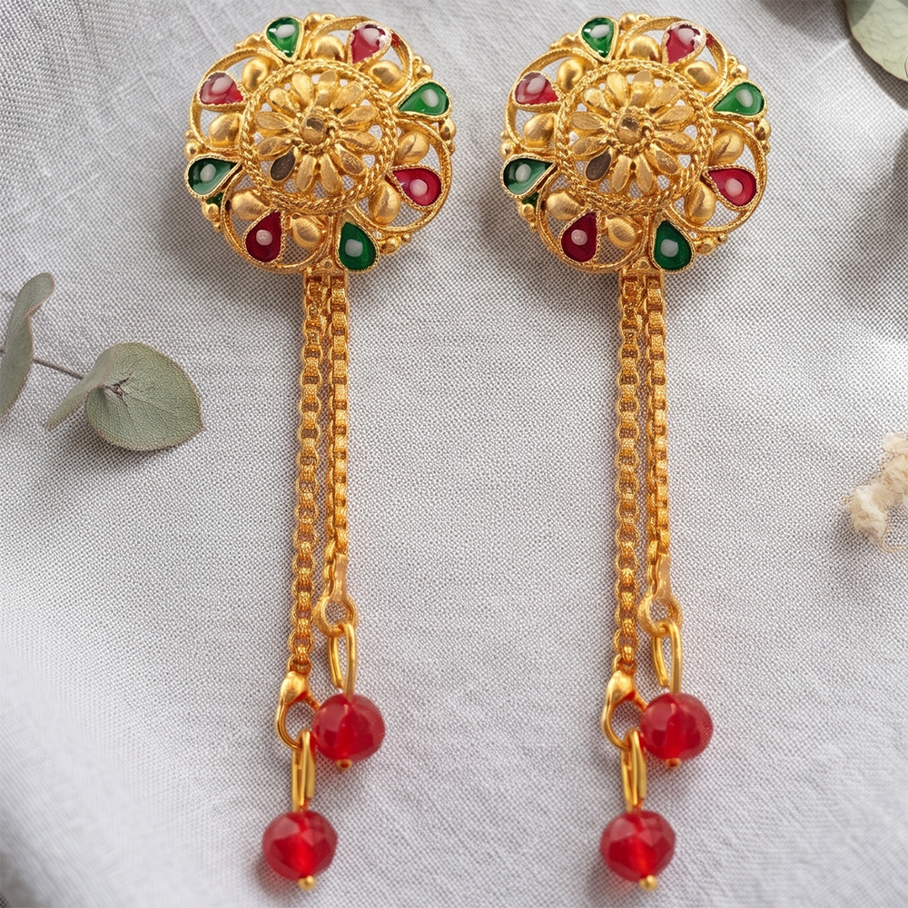 JewelMaze Gold Plated Traditional Dangler Tassel Earrings