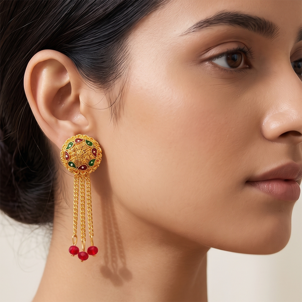 JewelMaze Gold Plated Traditional Dangler Tassel Earrings