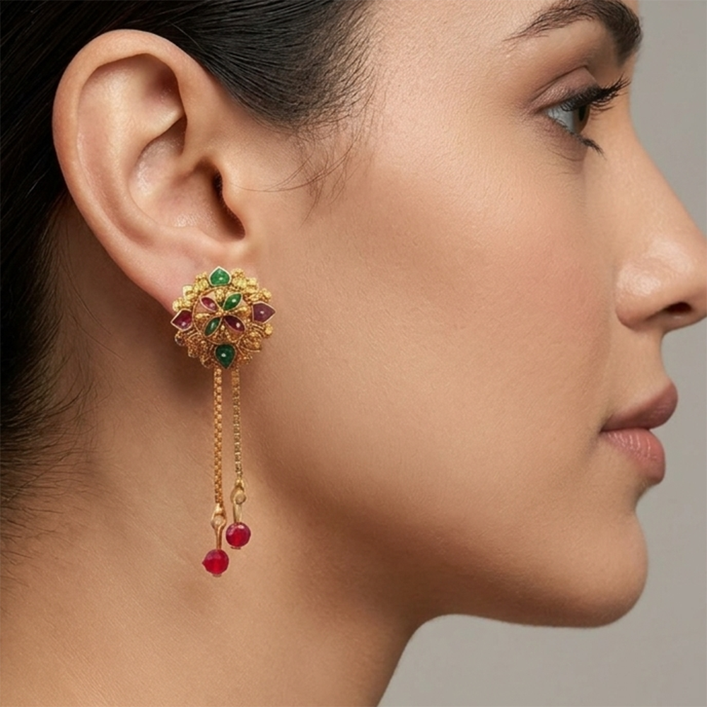 JewelMaze Gold Plated Traditional Dangler Tassel Earrings