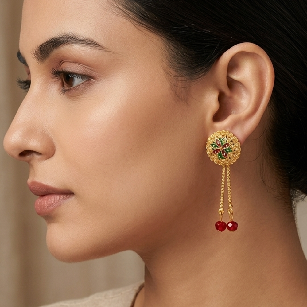 JewelMaze Gold Plated Traditional Dangler Tassel Earrings