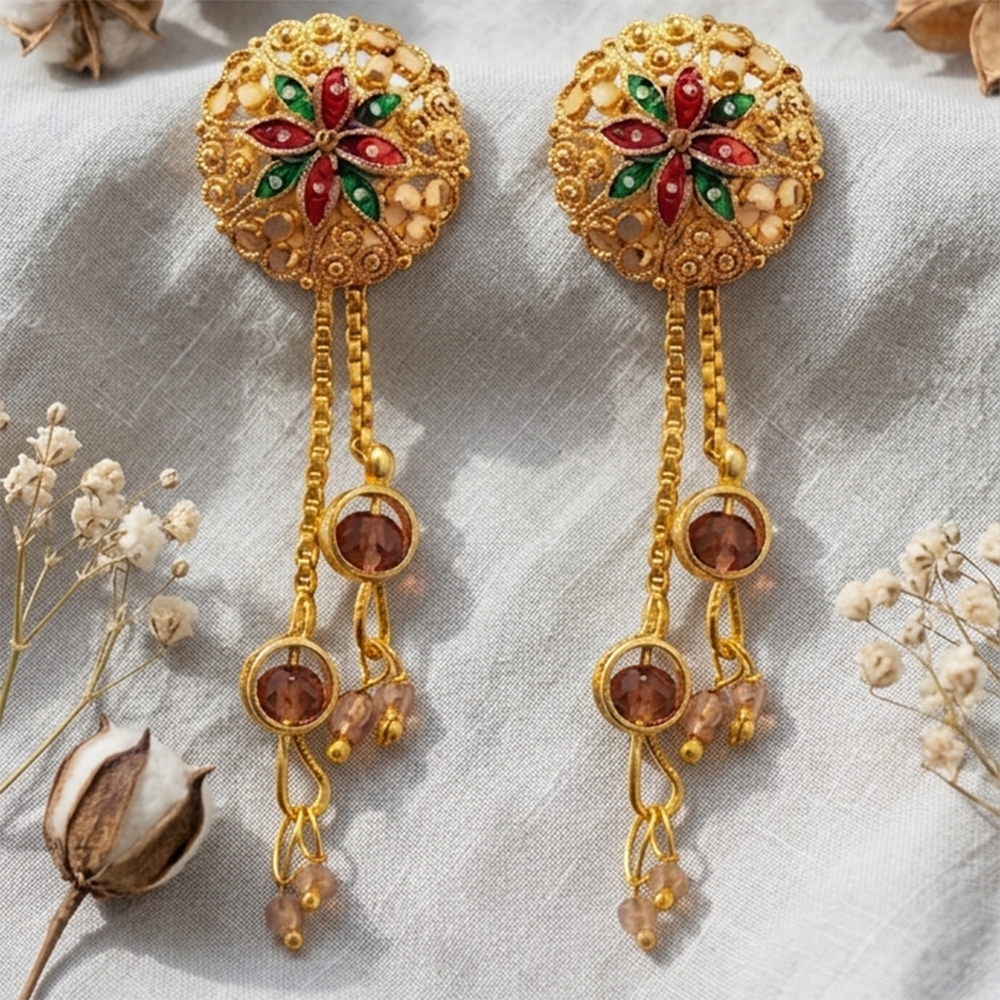 JewelMaze Gold Plated Traditional Dangler Tassel Earrings