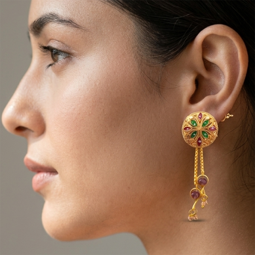 JewelMaze Gold Plated Traditional Dangler Tassel Earrings