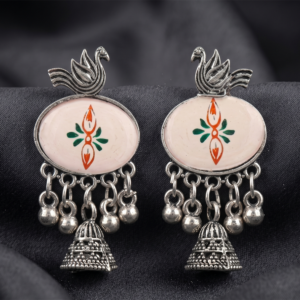 JewelMaze Oxidised Plated Pearl Bird Jhumki Earrings 