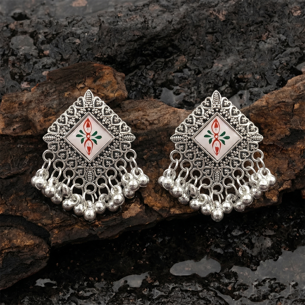 JewelMaze Boho Style Pearl Oxidised Hanging Earrings