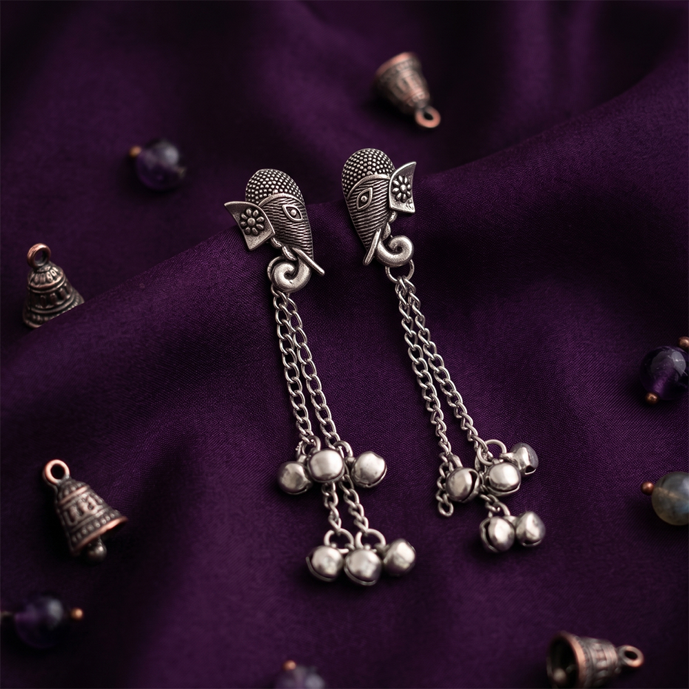 JewelMaze Oxidised Plated Elephant Kashmiri Ghungroo Dangler Earrings