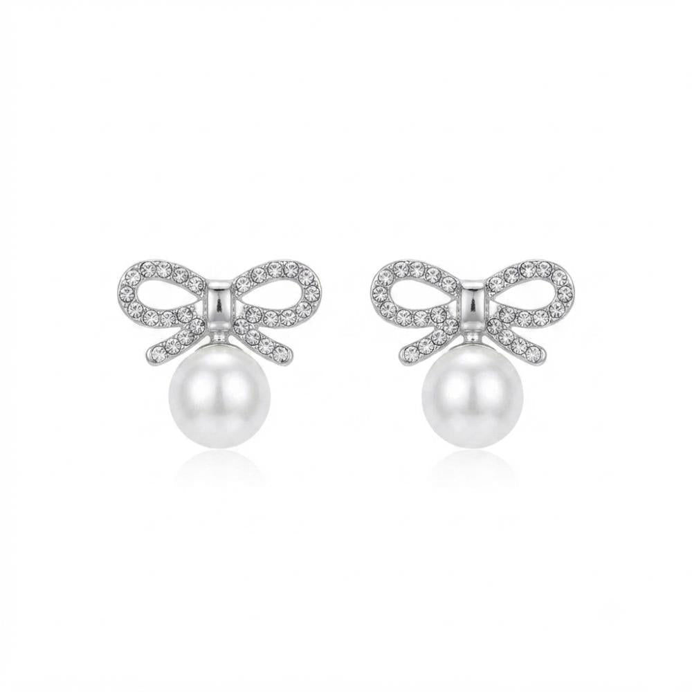 JewelMaze Silver Plated Bow Shape Austrian Stone & Pearl Stud Earrings for Women
