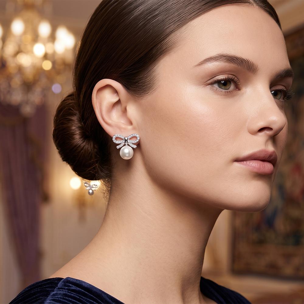 JewelMaze Silver Plated Bow Shape Austrian Stone & Pearl Stud Earrings for Women