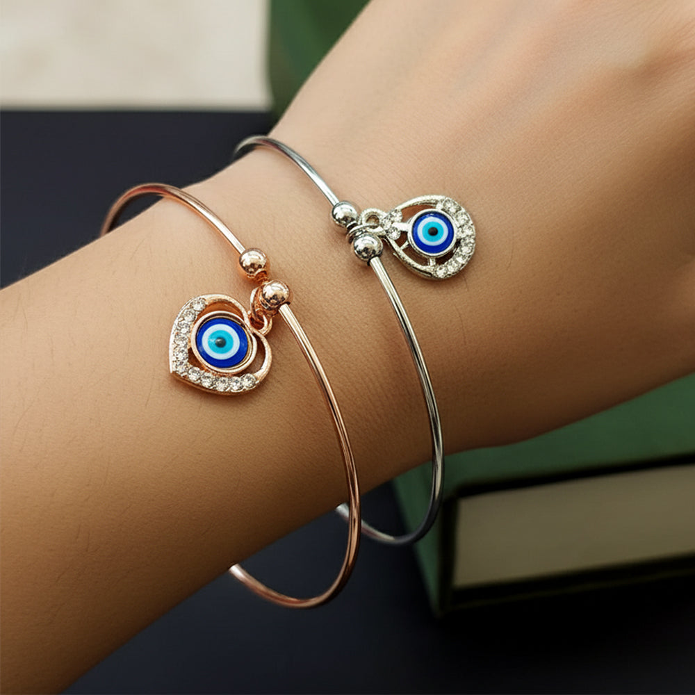 JewelMaze Evil Eye Heart Minimal Open Bangle for Daily Wear