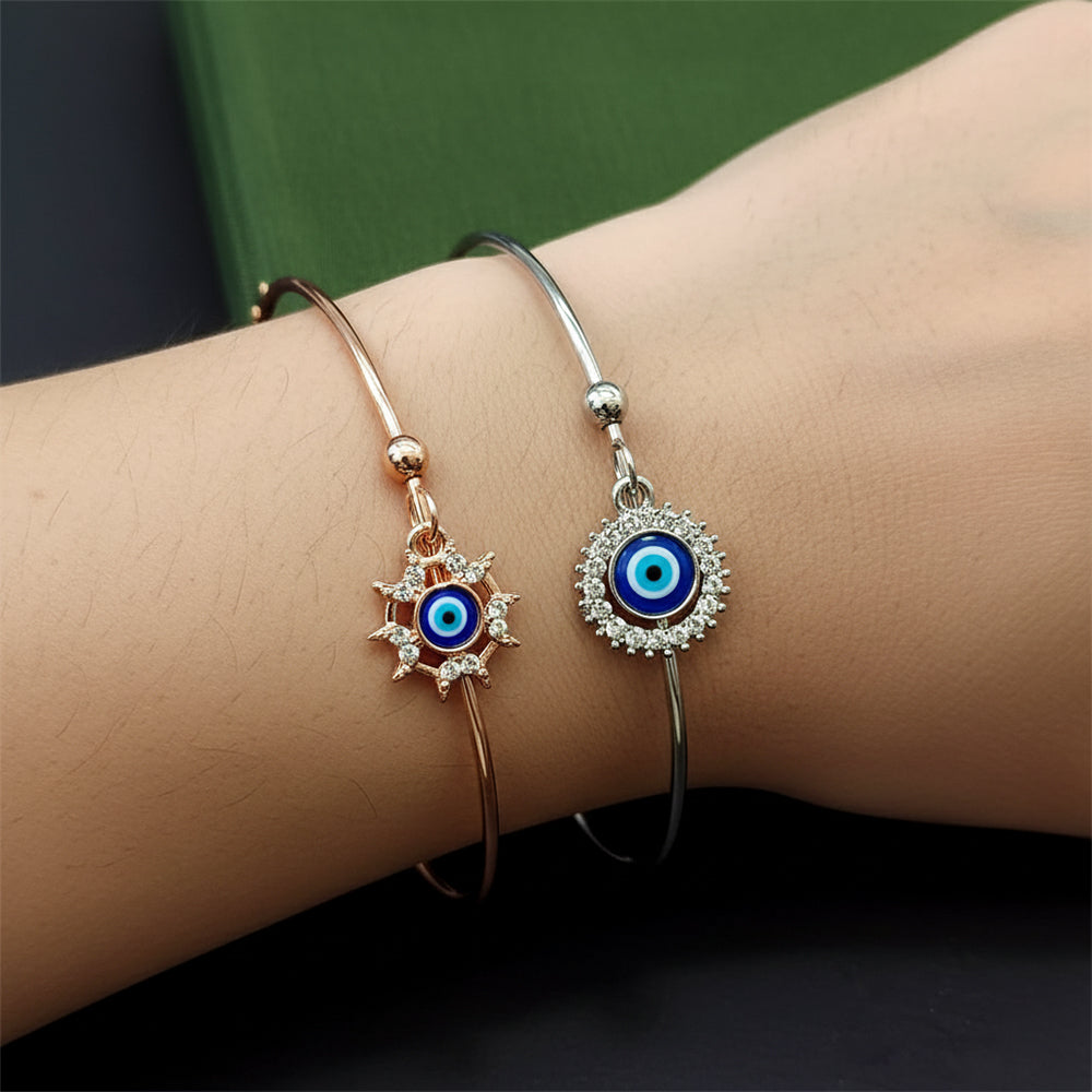 JewelMaze Evil Eye Sun & Round Charm Open Bangle Bracelet