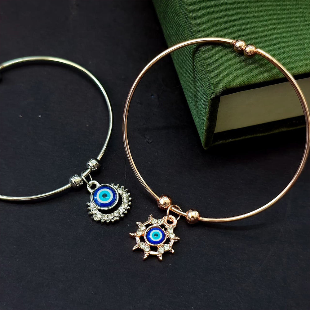 JewelMaze Evil Eye Sun & Round Charm Open Bangle Bracelet