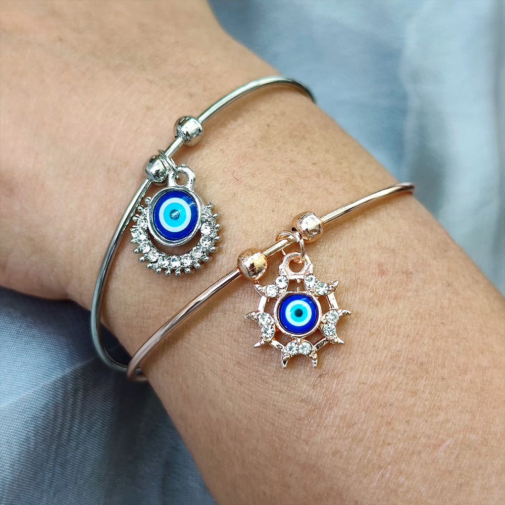 JewelMaze Evil Eye Sun & Round Charm Open Bangle Bracelet