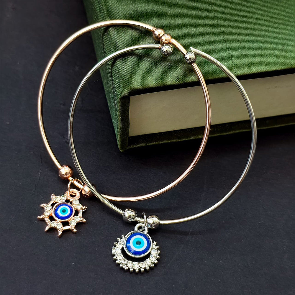 JewelMaze Evil Eye Sun & Round Charm Open Bangle Bracelet