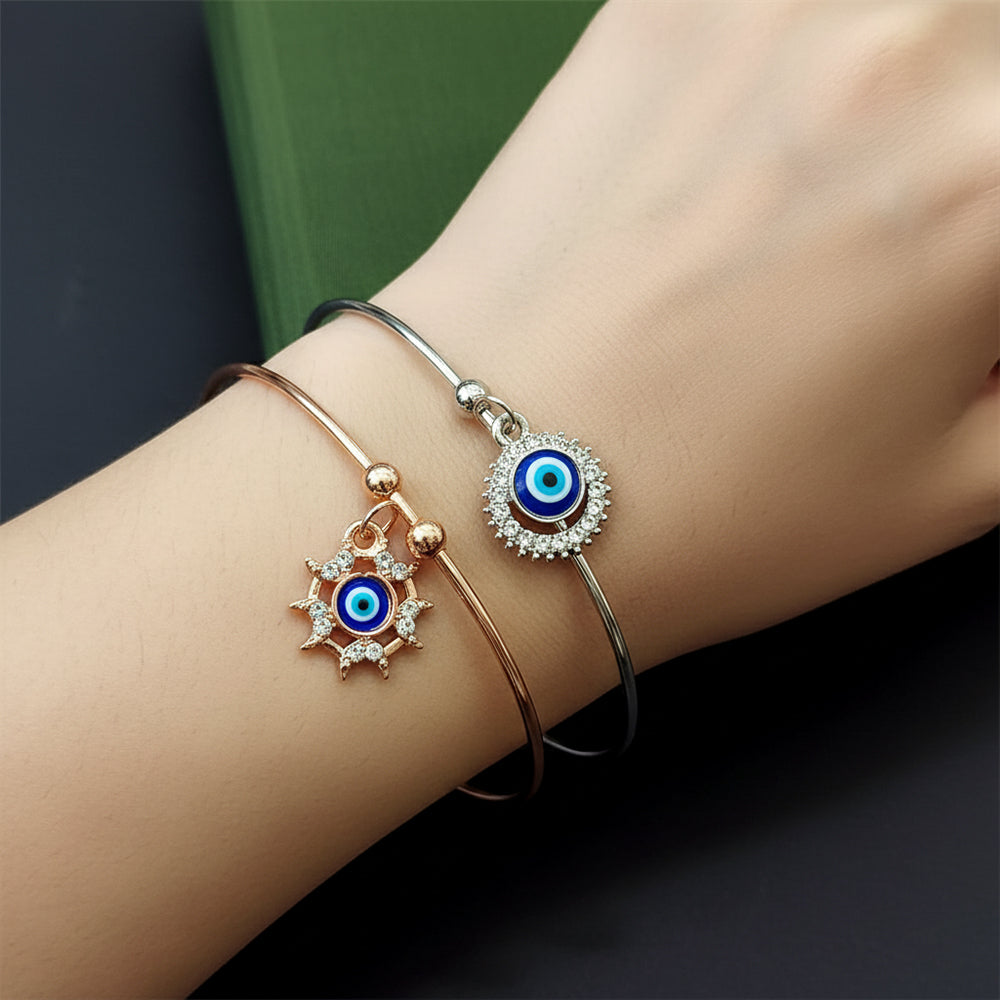 JewelMaze Evil Eye Sun & Round Charm Open Bangle Bracelet