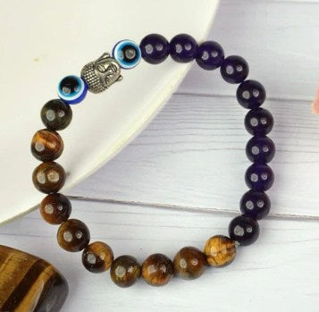 JewelMaze Mindful Harmony Tiger Eye Bracelet with Buddha & Evil Eye Details