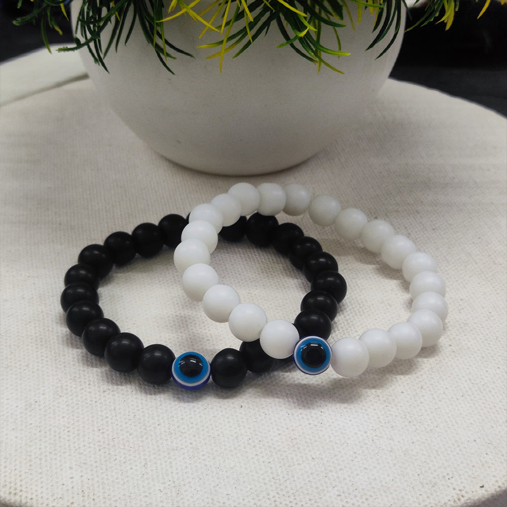 JewelMaze Black And White With Evil Eye Beads Bracelet - 1404726