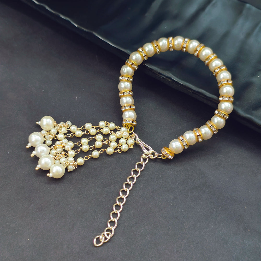 JewelMaze Pearl Beaded Bracelet with Golden Tassel
