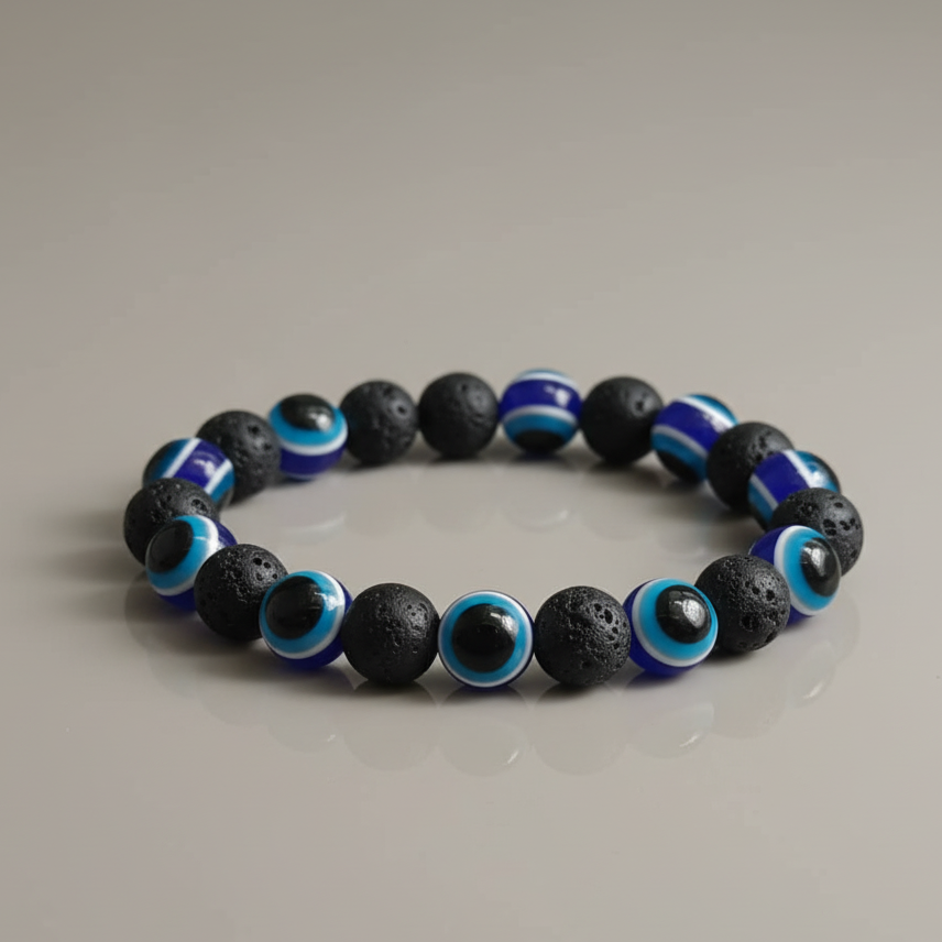 JewelMaze Black Lava Stone Blue Evil Eye Beaded Bracelet