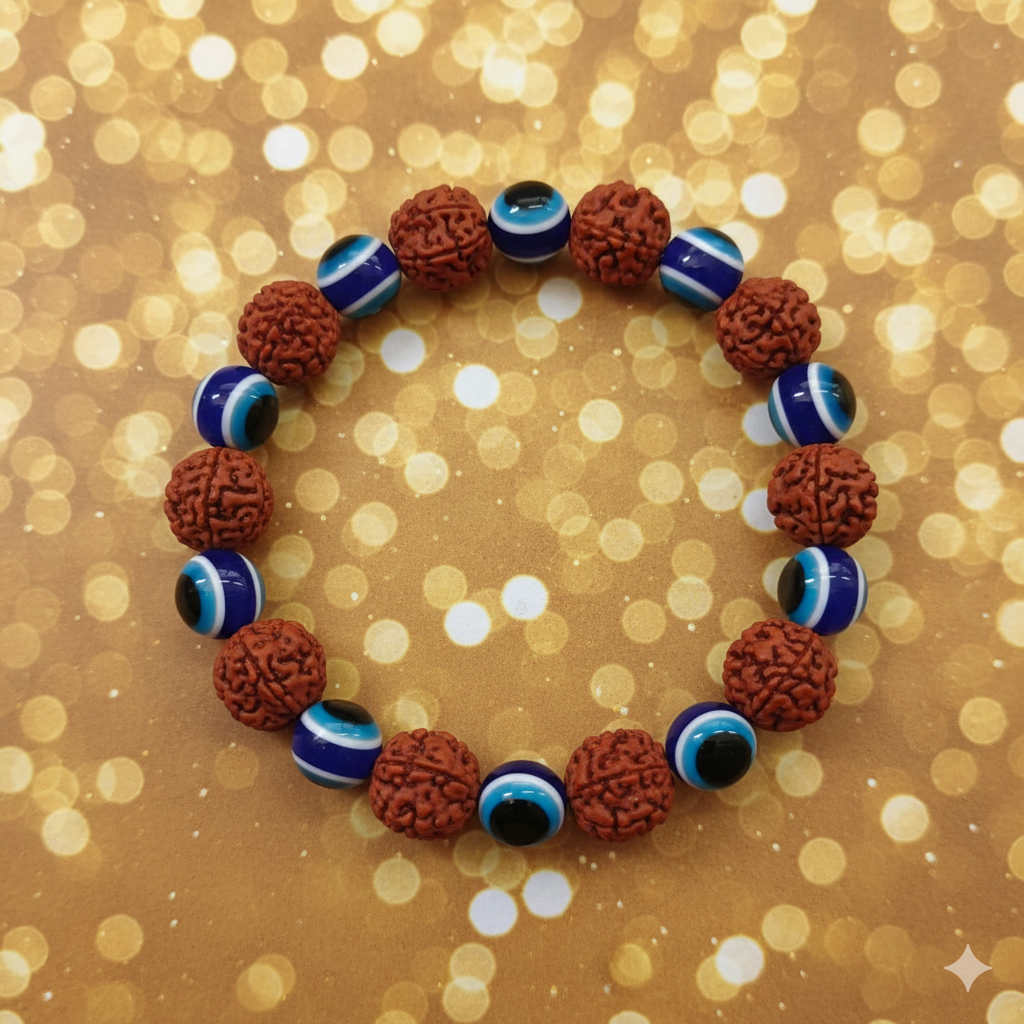 JewelMaze Evil Eye And Rudraksha  Stretchable  Bracelet