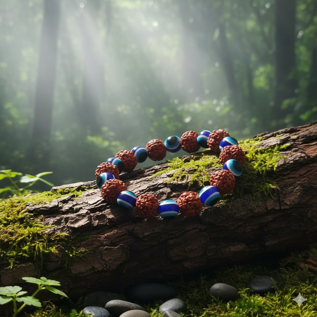 JewelMaze Evil Eye And Rudraksha  Stretchable  Bracelet