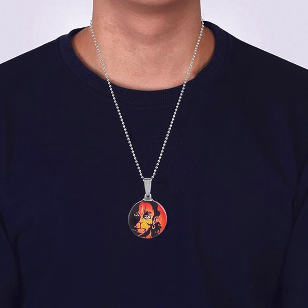 JewelMaze Glass Framed Orange Enamel Hanuman Locket Chain Pendant
