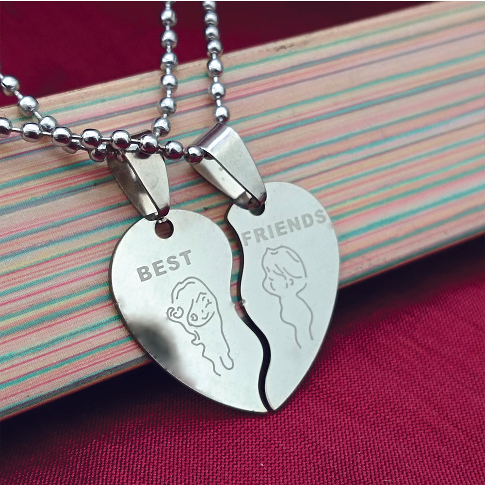 JewelMaze Heart Shape " BEST FRIENDS  " Couple Chain Pendant- 1404879