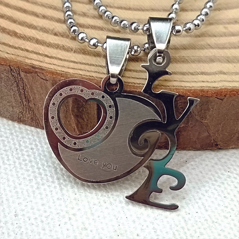JewelMaze Heart Shape " Love YOU" Couple Chain Pendant- 1404883