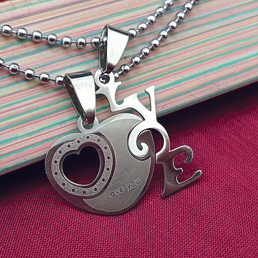 JewelMaze Heart Shape " Love YOU" Couple Chain Pendant- 1404883
