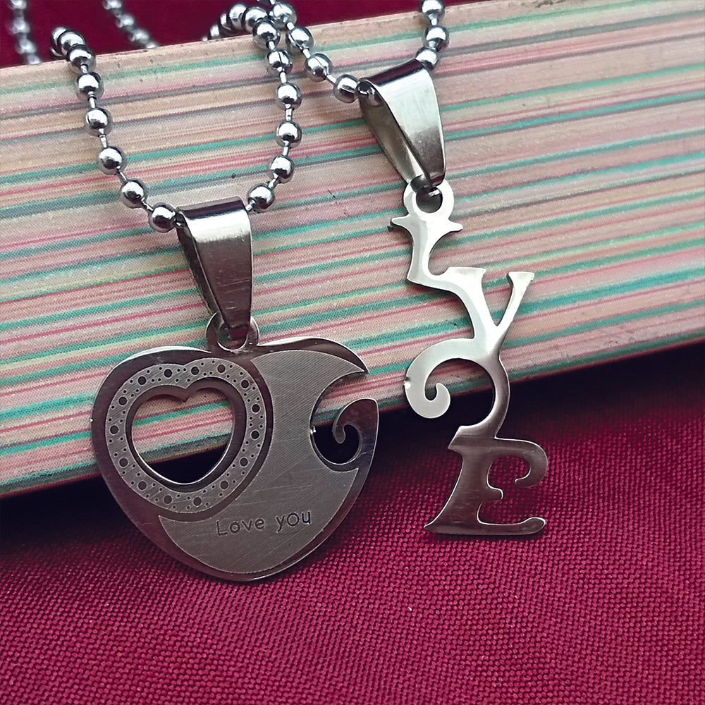 JewelMaze Heart Shape " Love YOU" Couple Chain Pendant- 1404883