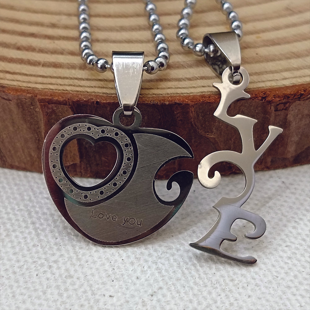 JewelMaze Heart Shape " Love YOU" Couple Chain Pendant- 1404883