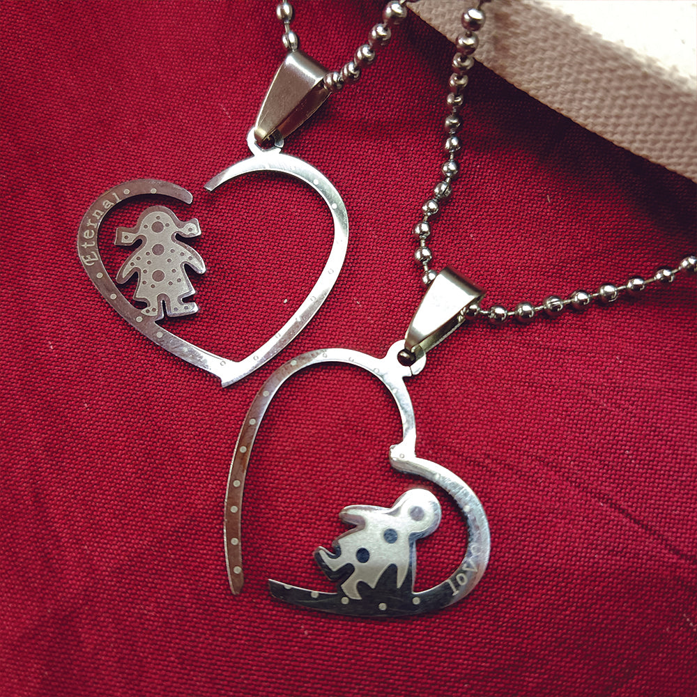 JewelMaze Heart Shape " Love " Couple Chain Pendant- 1404885