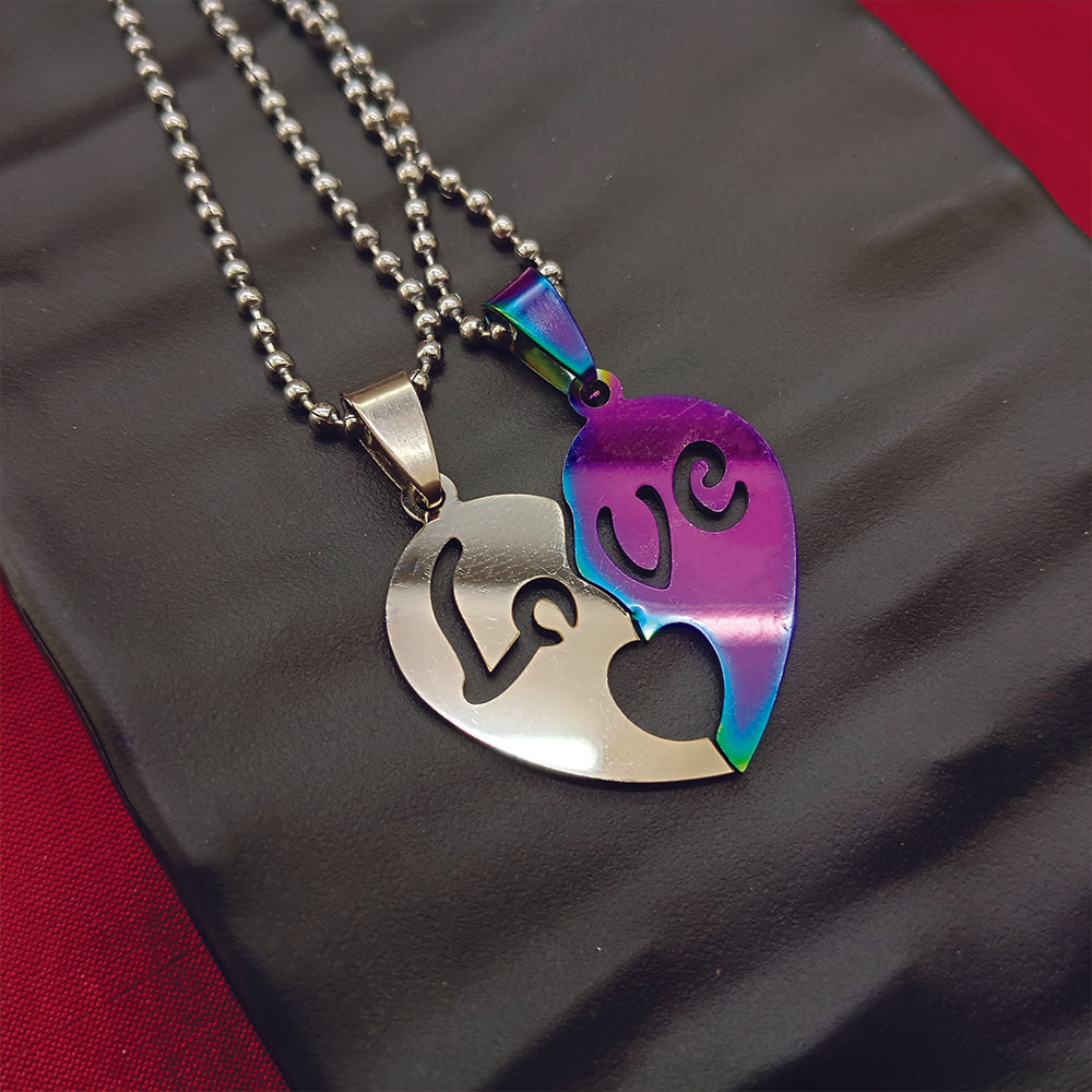 JewelMaze Heart Shape " LOVE " Couple Chain Pendant- 1404893