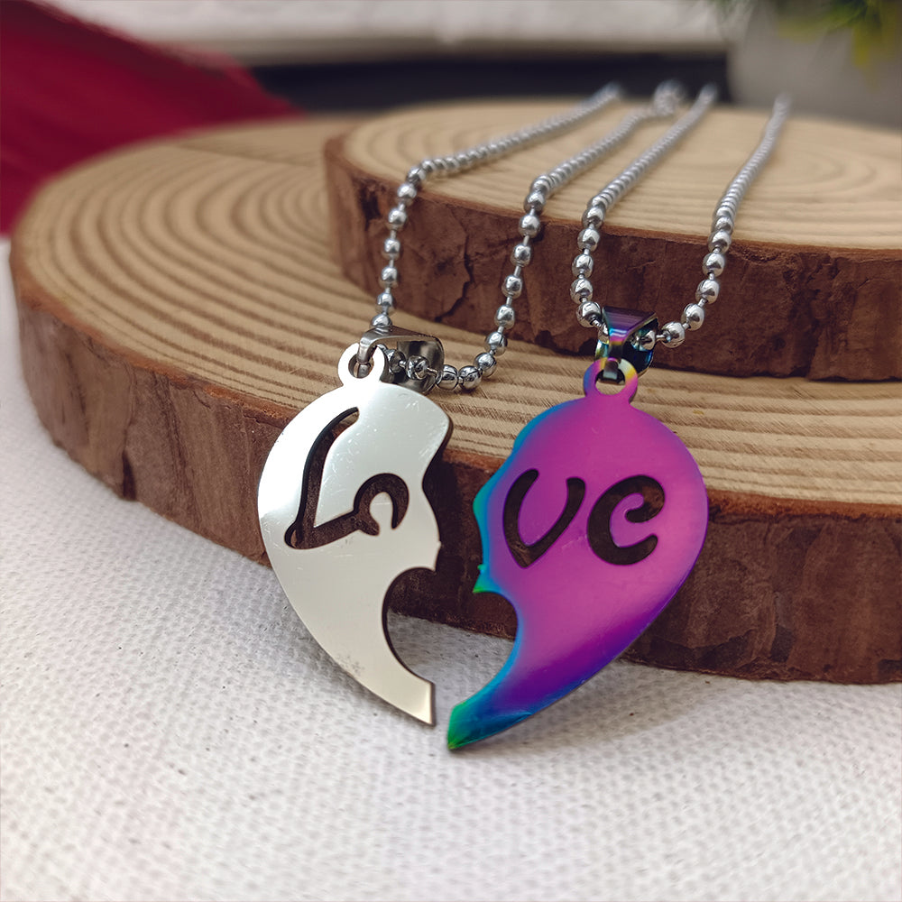 JewelMaze Heart Shape " LOVE " Couple Chain Pendant- 1404893