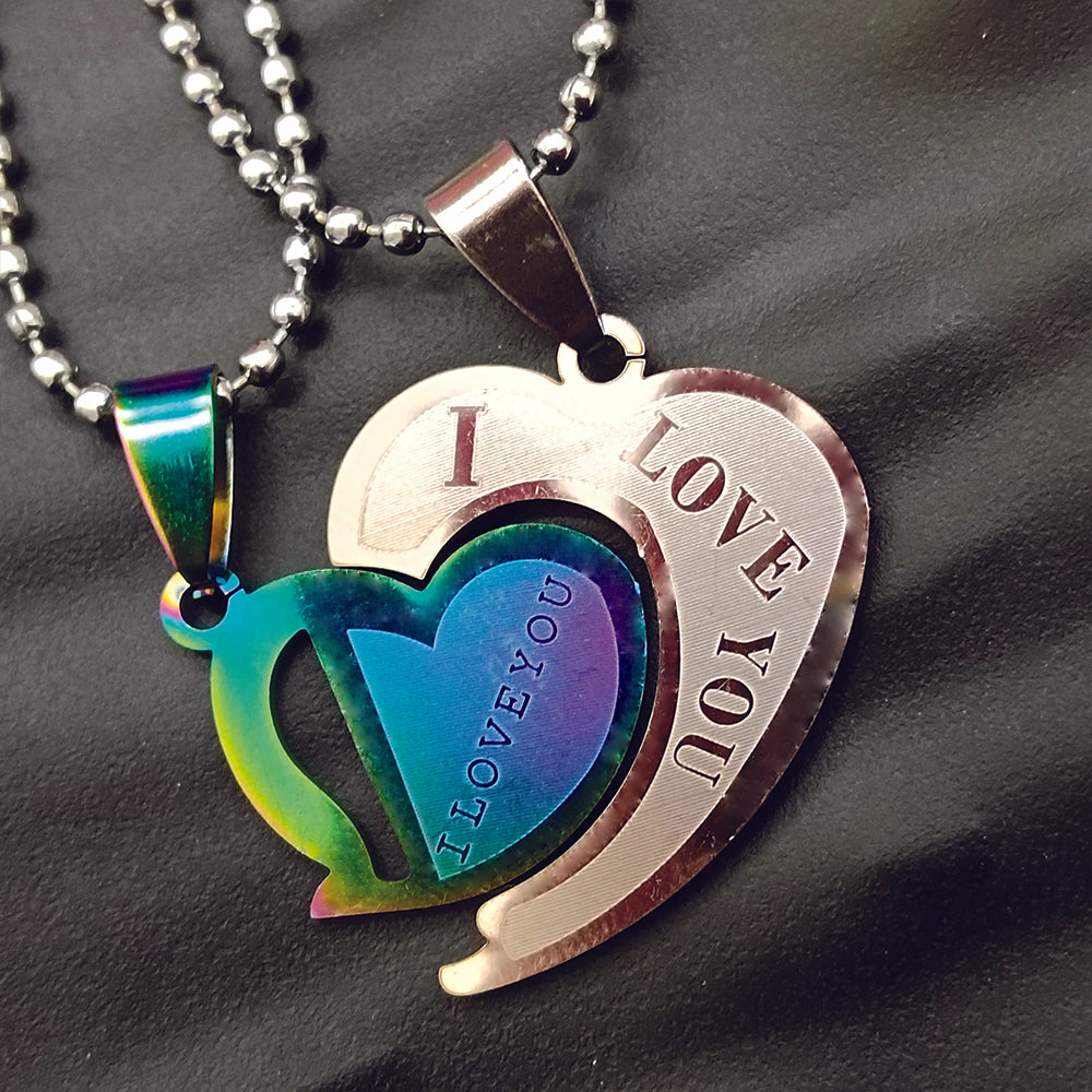 JewelMaze Heart Shape " I LOVE YOU" Couple Chain Pendant- 1404895