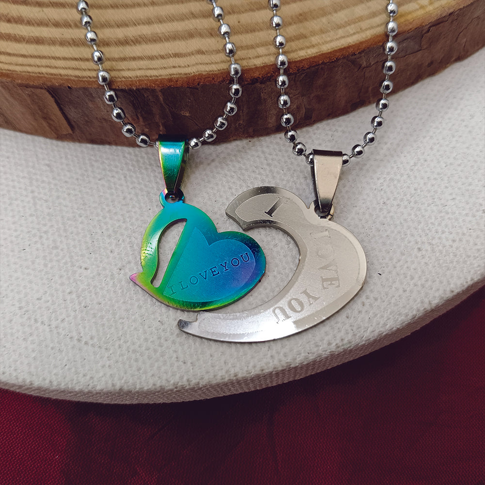 JewelMaze Heart Shape " I LOVE YOU" Couple Chain Pendant- 1404895