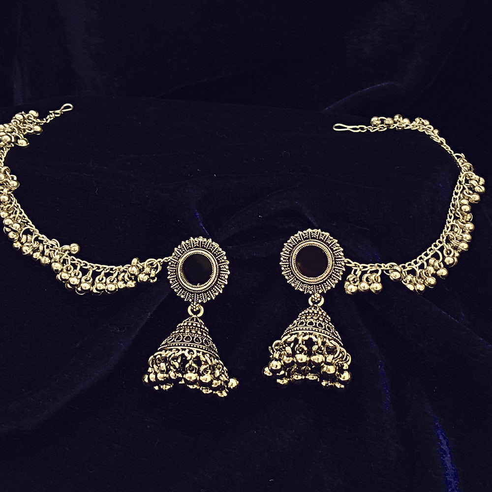 JewelMaze Oxidised Mirror Jhumkas with Kan Chain -1404904