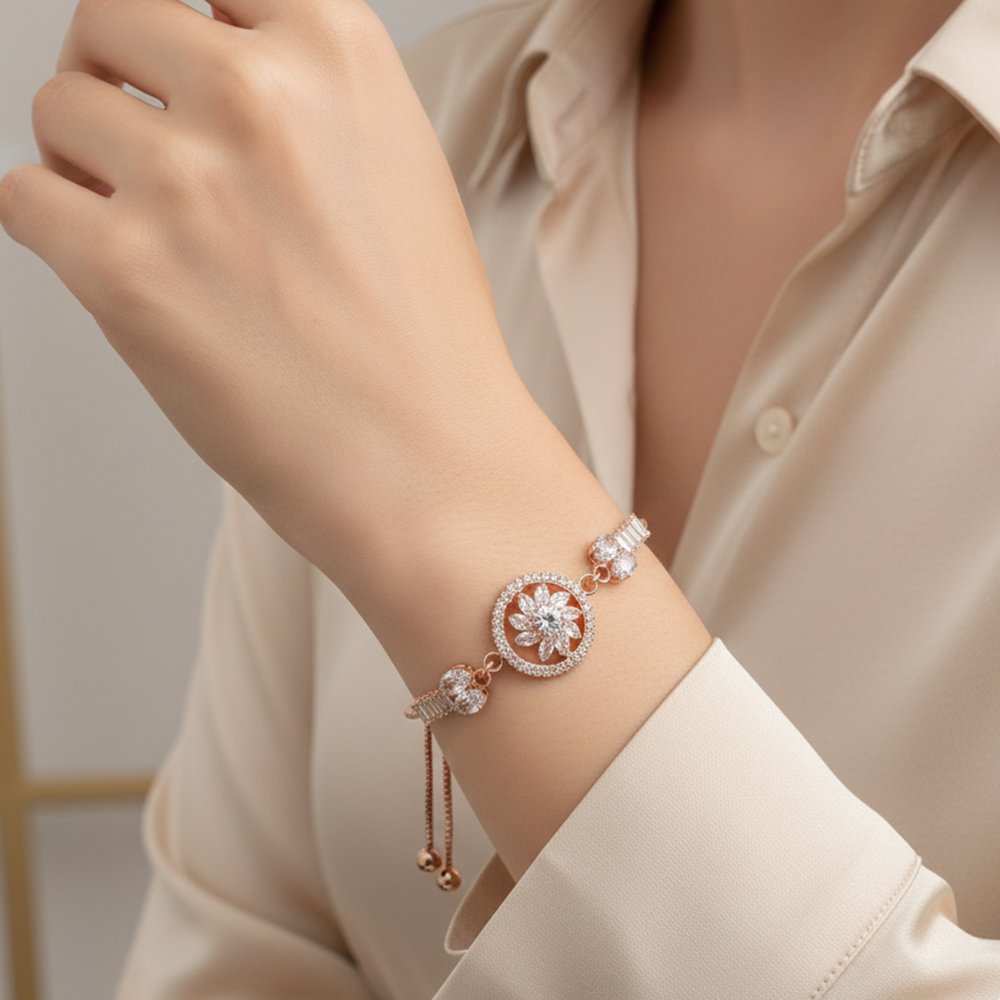 JewelMaze Premium Rose Gold AD Floral Bracelet for Women