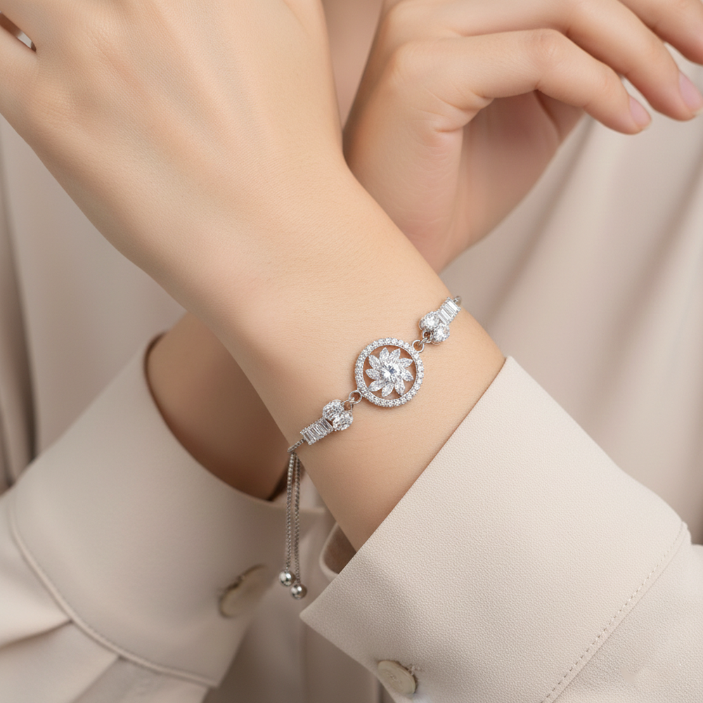JewelMaze Premium Silver AD Floral Bracelet for Women