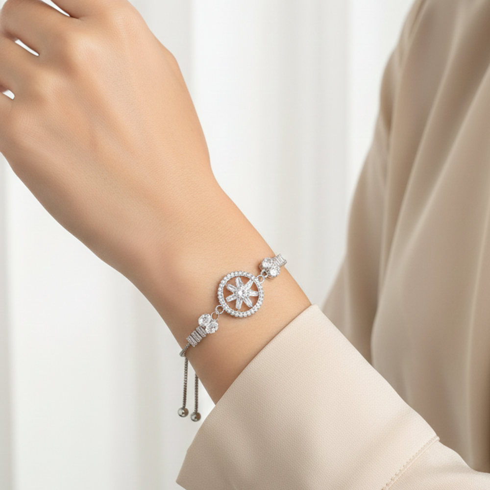 JewelMaze Premium Silver AD Floral Bracelet for Party wear