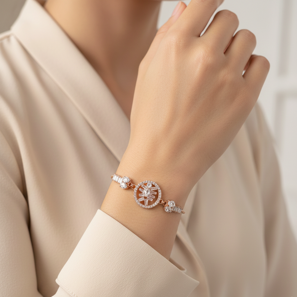 JewelMaze Timeless Rose Gold AD Floral Bracelet for Party wear