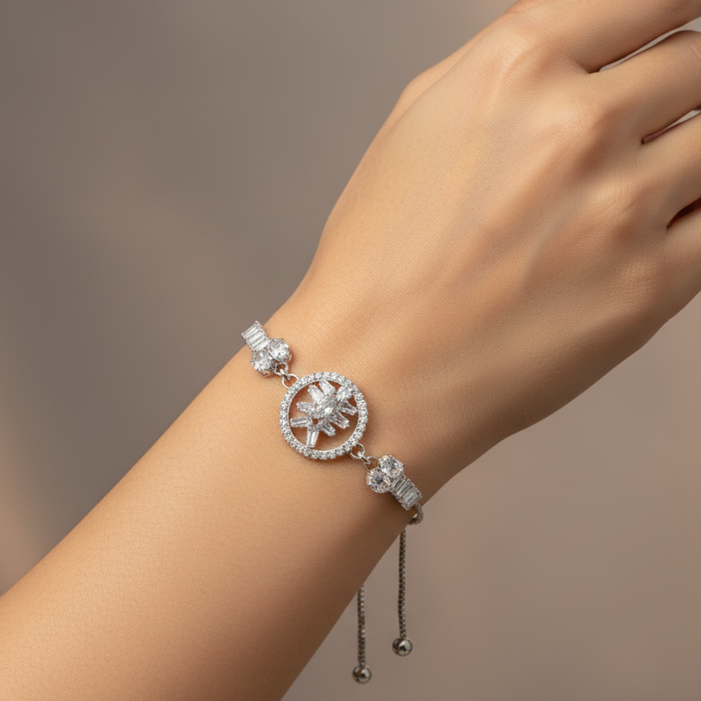 JewelMaze Graceful Silver AD Floral Bracelet for Party Wear